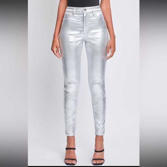 NEW WOMENS METALLIC SKINNY LEG PANTS SILVER - Picture 1 of 3